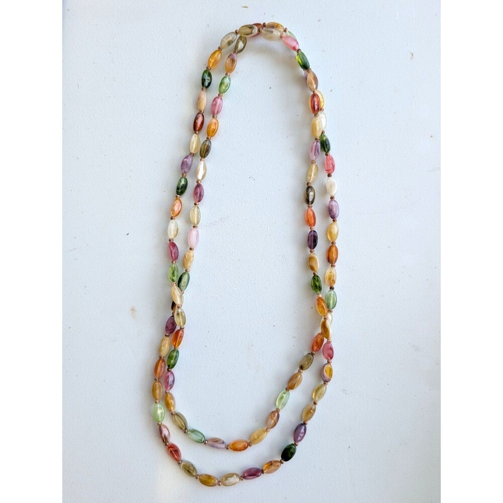 Vintage Long Multicolor Glass Bead Necklace 23" Oval Swirl Boho Flapper